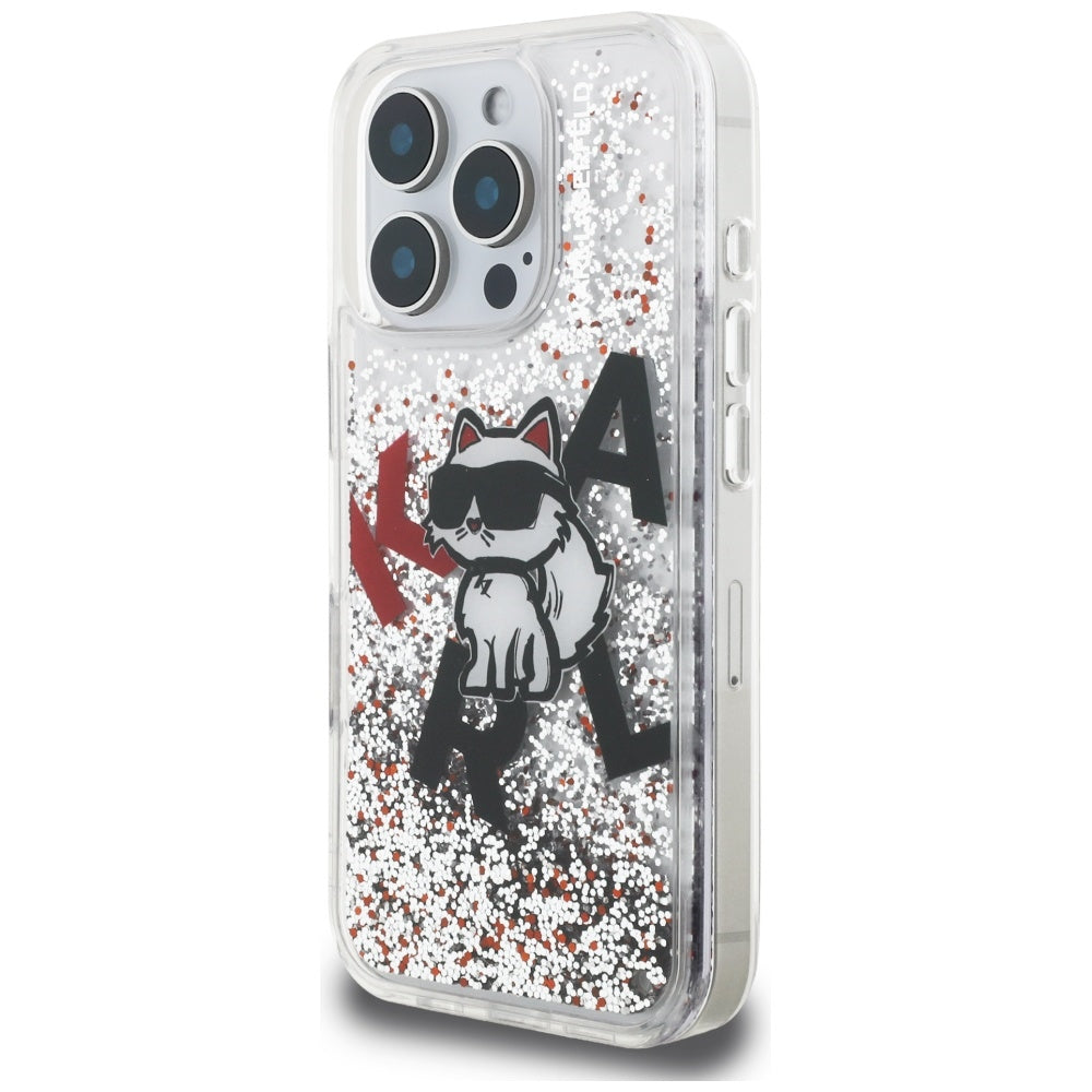 Handyhülle für iPhone 16 Pro Max, Karl Lagerfeld Liquid Glitter Choupette, Transparent