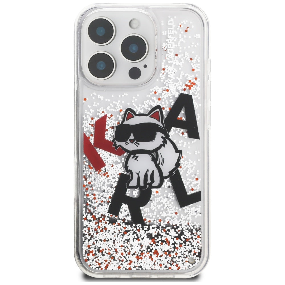 Handyhülle für iPhone 16 Pro Max, Karl Lagerfeld Liquid Glitter Choupette, Transparent