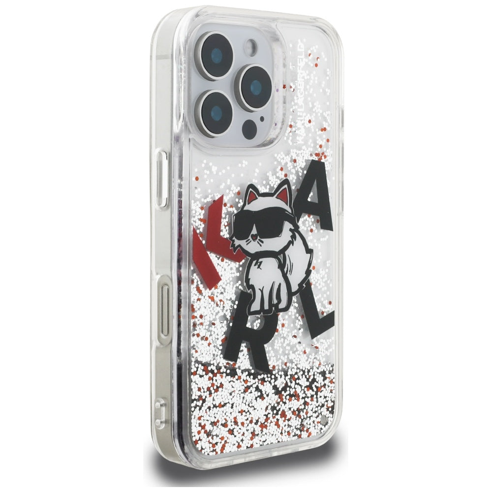 Handyhülle für iPhone 16 Pro, Karl Lagerfeld Liquid Glitter Choupette, Transparent