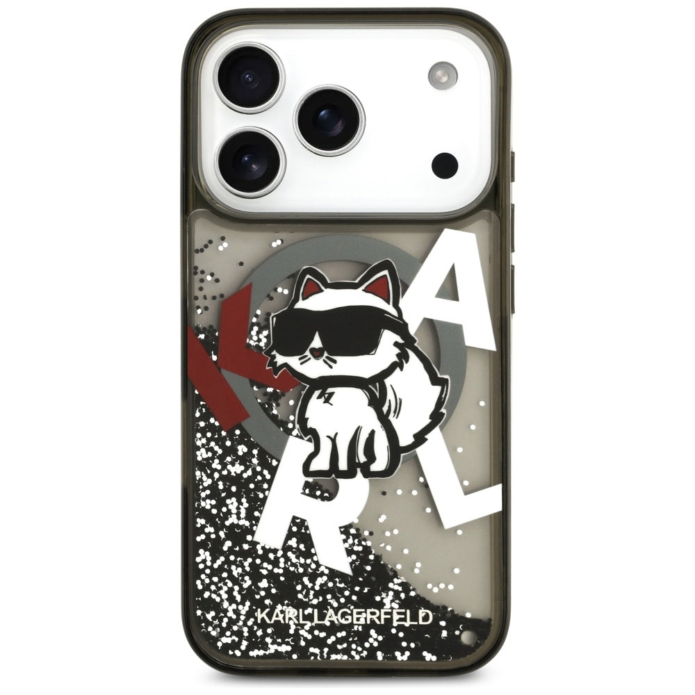 Handyhülle für iPhone 17 Pro, Karl Lagerfeld Liquid Glitter Choupette Logo mit MagSafe, Rauchig, gemustert mit Glitzer