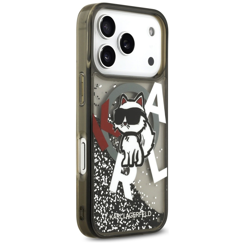 Handyhülle für iPhone 17 Pro, Karl Lagerfeld Liquid Glitter Choupette Logo mit MagSafe, Rauchig, gemustert mit Glitzer
