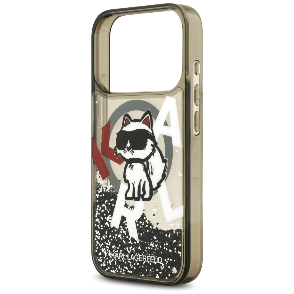 Handyhülle für iPhone 17 Pro, Karl Lagerfeld Liquid Glitter Choupette Logo mit MagSafe, Rauchig, gemustert mit Glitzer