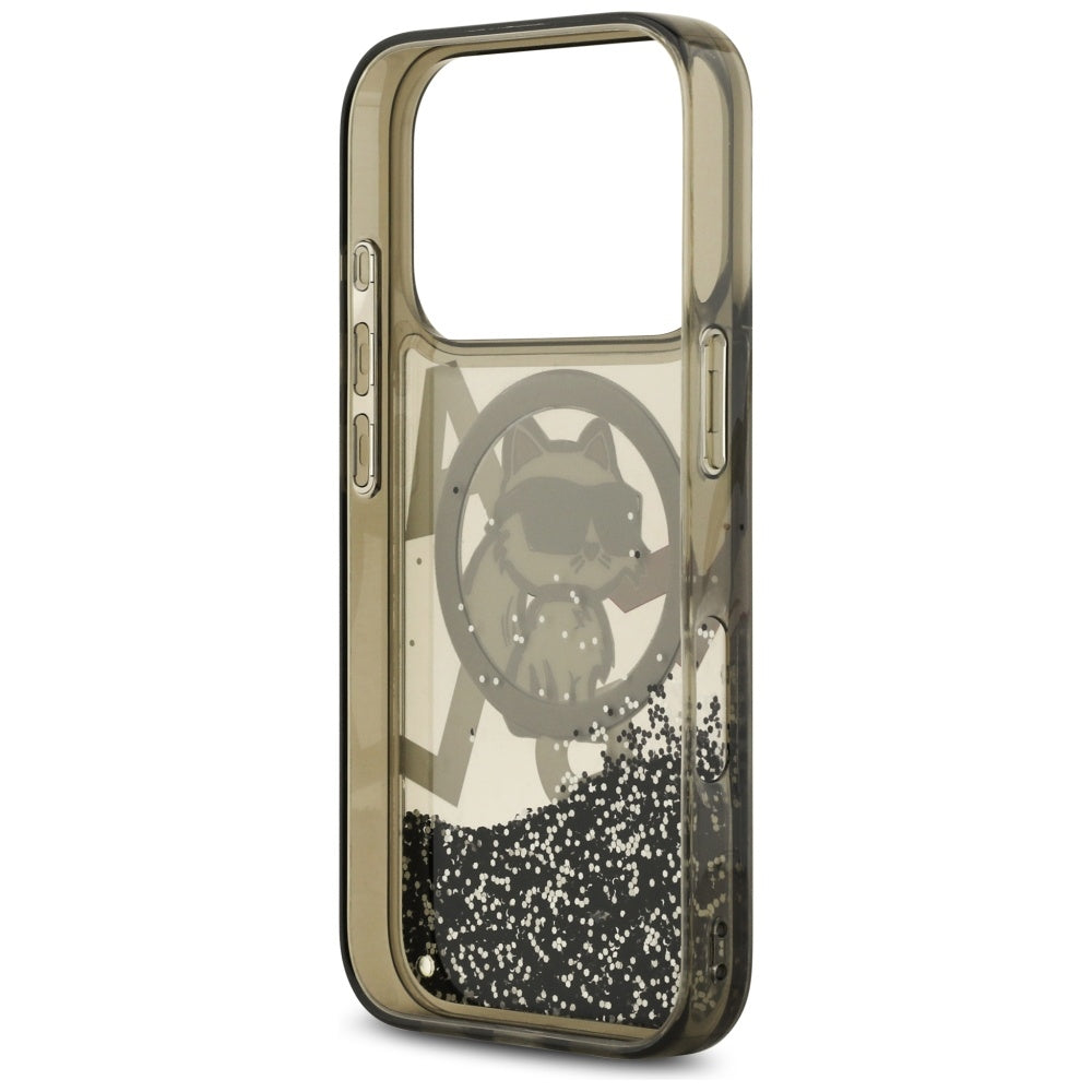 Handyhülle für iPhone 17 Pro, Karl Lagerfeld Liquid Glitter Choupette Logo mit MagSafe, Rauchig, gemustert mit Glitzer