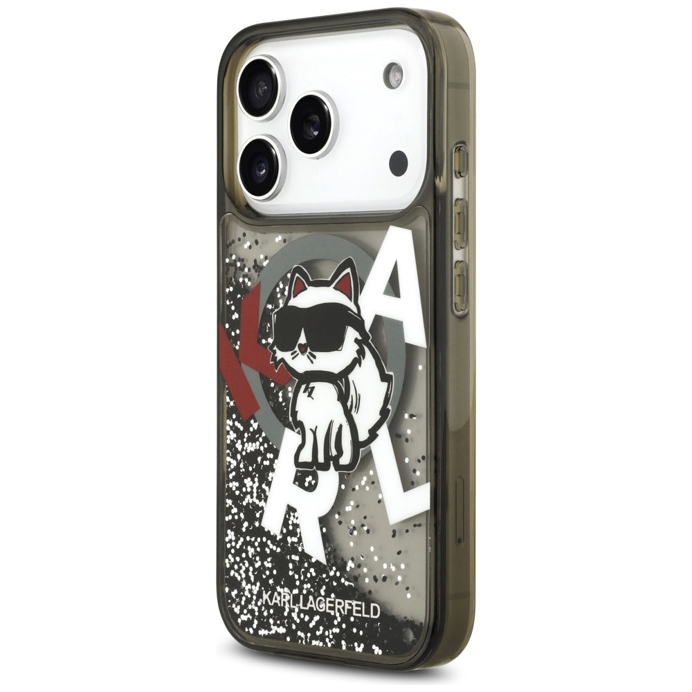 Handyhülle für iPhone 17 Pro, Karl Lagerfeld Liquid Glitter Choupette Logo mit MagSafe, Rauchig, gemustert mit Glitzer