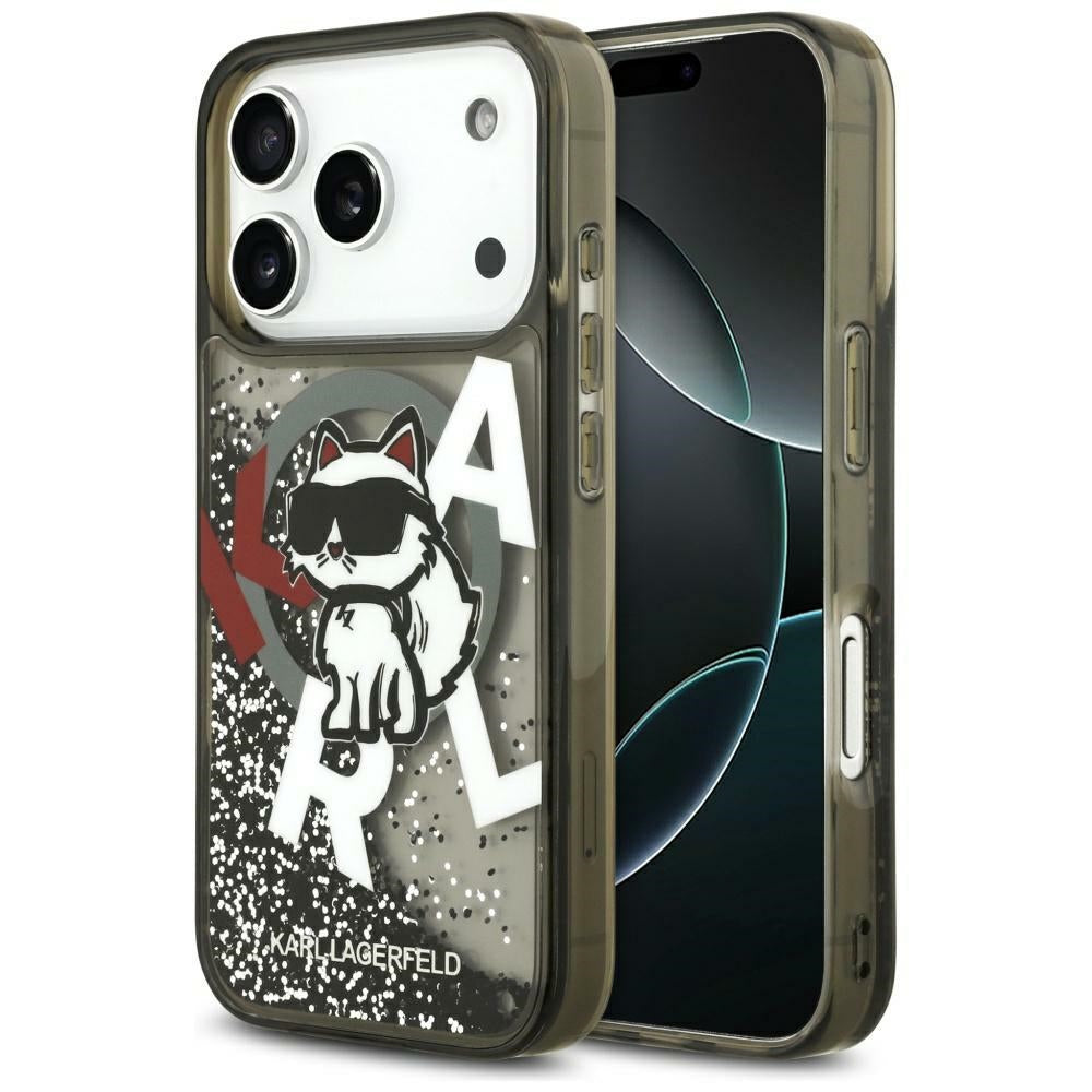 Handyhülle für iPhone 17 Pro Max, Karl Lagerfeld Liquid Glitter Choupette Logo mit MagSafe, Rauchig, gemustert mit Glitzer
