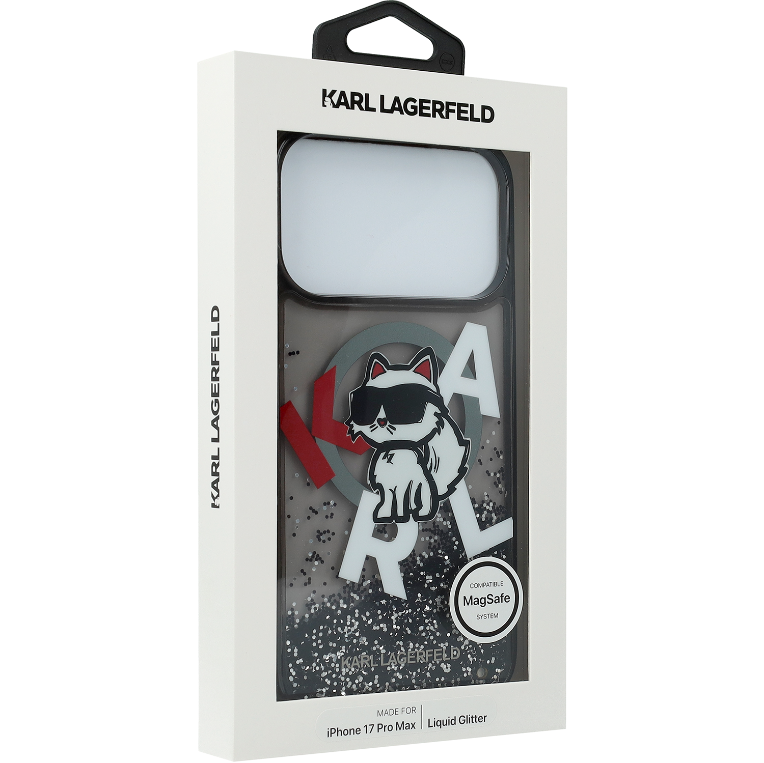 Handyhülle für iPhone 17 Pro Max, Karl Lagerfeld Liquid Glitter Choupette Logo mit MagSafe, Rauchig, gemustert mit Glitzer