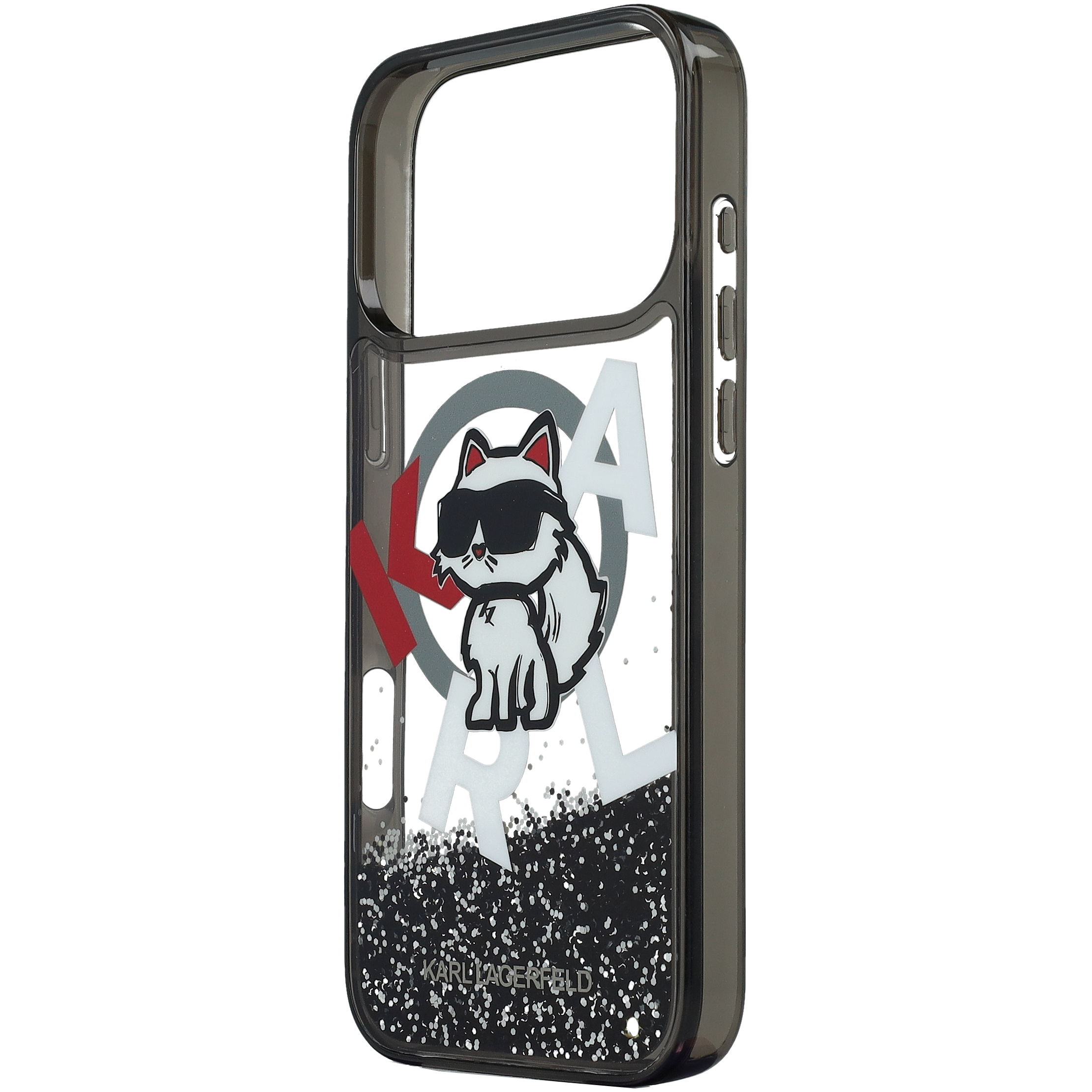 Handyhülle für iPhone 17 Pro Max, Karl Lagerfeld Liquid Glitter Choupette Logo mit MagSafe, Rauchig, gemustert mit Glitzer