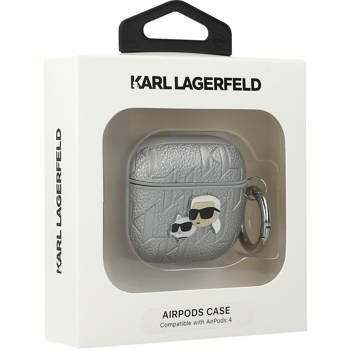 Schutzhülle für AirPods 5 / 4, Karl Lagerfeld Monogram Karl & Choupette Head, Silber