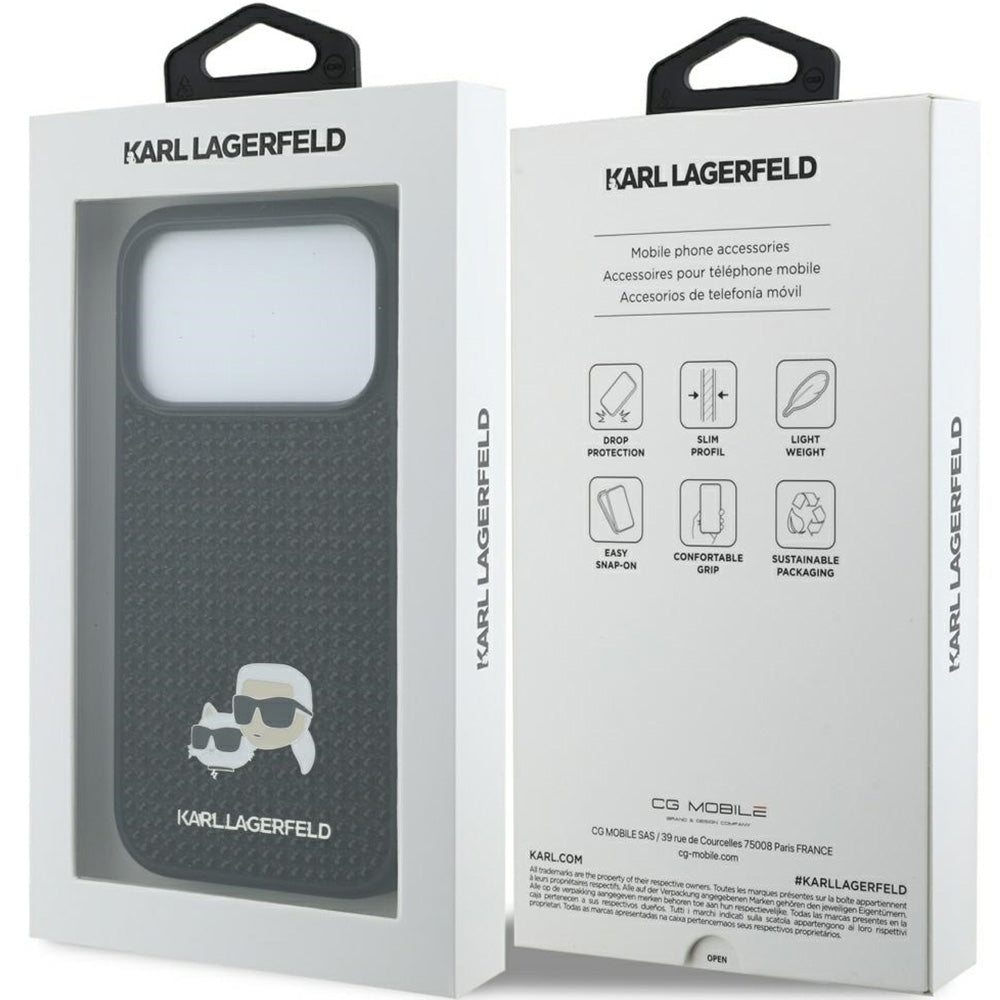 Handyhülle für iPhone 17 Pro, Karl Lagerfeld HardCase Rhinestone Karl and Choupette Pin, Schwarz