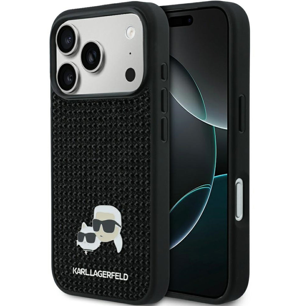 Handyhülle für iPhone 17 Pro Max, Karl Lagerfeld HardCase Rhinestone Karl and Choupette Pin, Schwarz