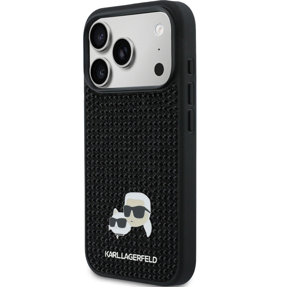 Handyhülle für iPhone 17 Pro Max, Karl Lagerfeld HardCase Rhinestone Karl and Choupette Pin, Schwarz