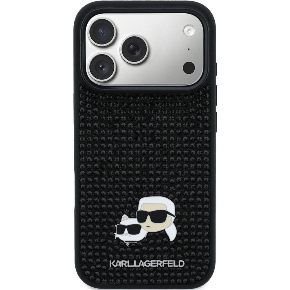 Handyhülle für iPhone 17 Pro Max, Karl Lagerfeld HardCase Rhinestone Karl and Choupette Pin, Schwarz