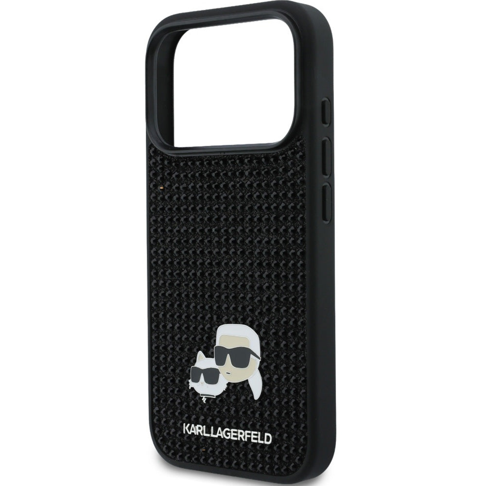 Handyhülle für iPhone 17 Pro Max, Karl Lagerfeld HardCase Rhinestone Karl and Choupette Pin, Schwarz