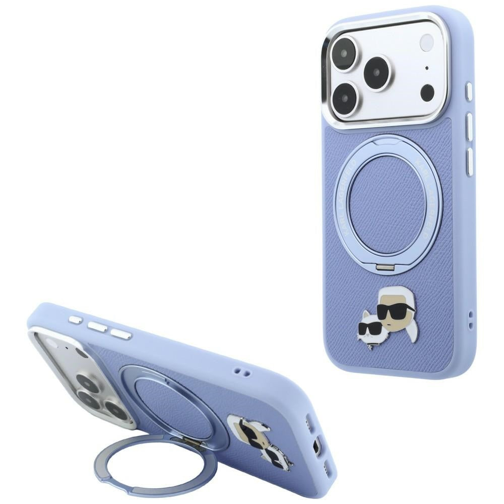 Handyhülle für iPhone 18 Pro / 17 Pro, Karl Lagerfeld Ring Stand 360 Karl Choupette Heads Pin mit MagSafe, Blau