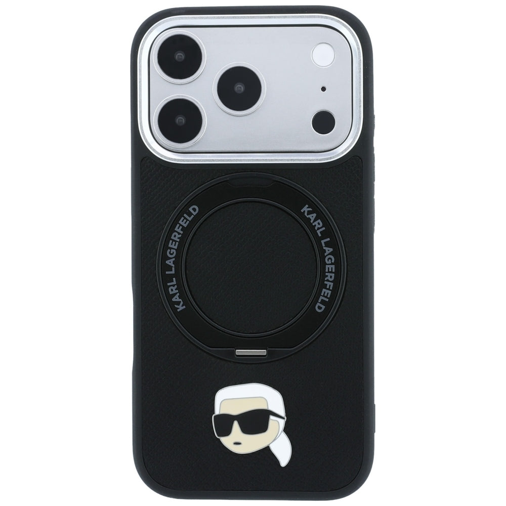 Handyhülle für iPhone 18 Pro Max / 17 Pro Max, Karl Lagerfeld Ring Stand 360 Karl Head Pin mit MagSafe, Schwarz