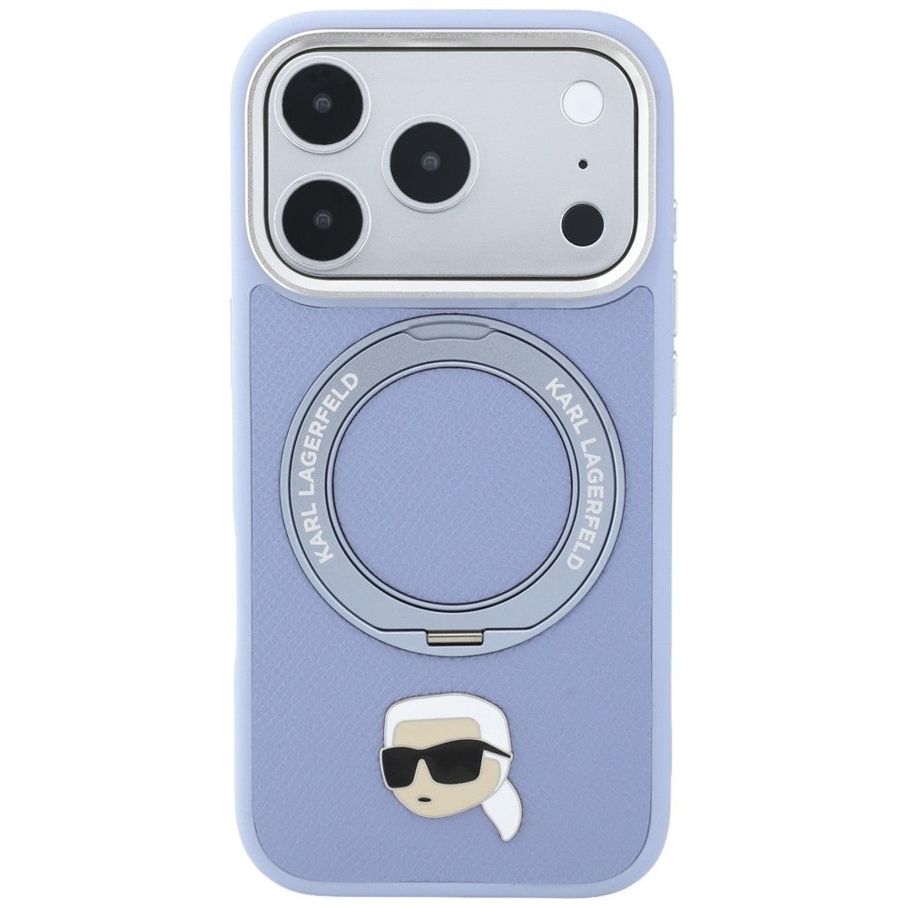Handyhülle für iPhone 18 Pro Max / 17 Pro Max, Karl Lagerfeld Ring Stand 360 Karl Head Pin mit MagSafe, Blau