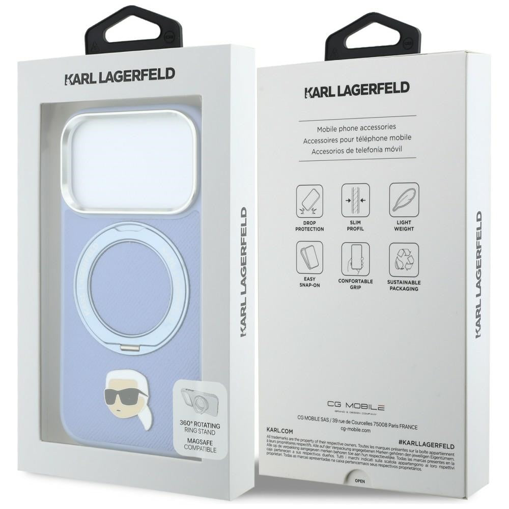 Handyhülle für iPhone 18 Pro Max / 17 Pro Max, Karl Lagerfeld Ring Stand 360 Karl Head Pin mit MagSafe, Blau