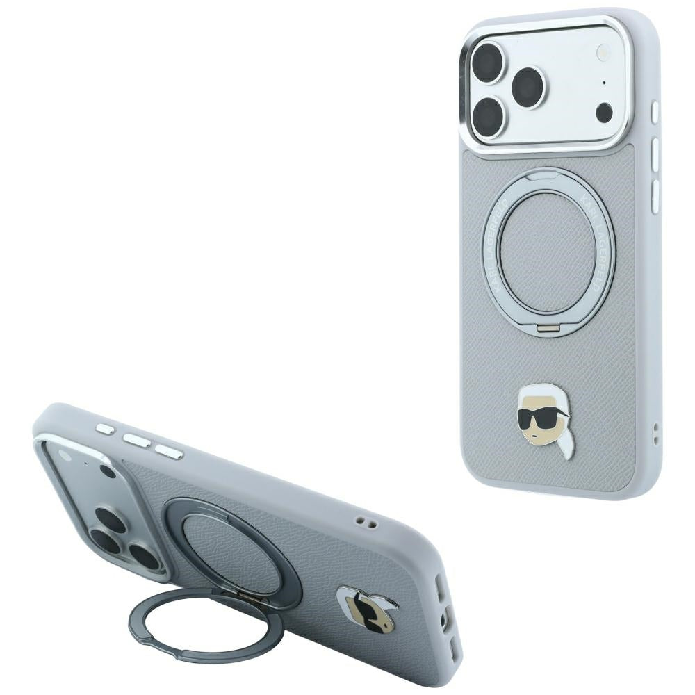 Handyhülle für iPhone 18 Pro Max / 17 Pro Max, Karl Lagerfeld Ring Stand 360 Karl Head Pin mit MagSafe, Grau