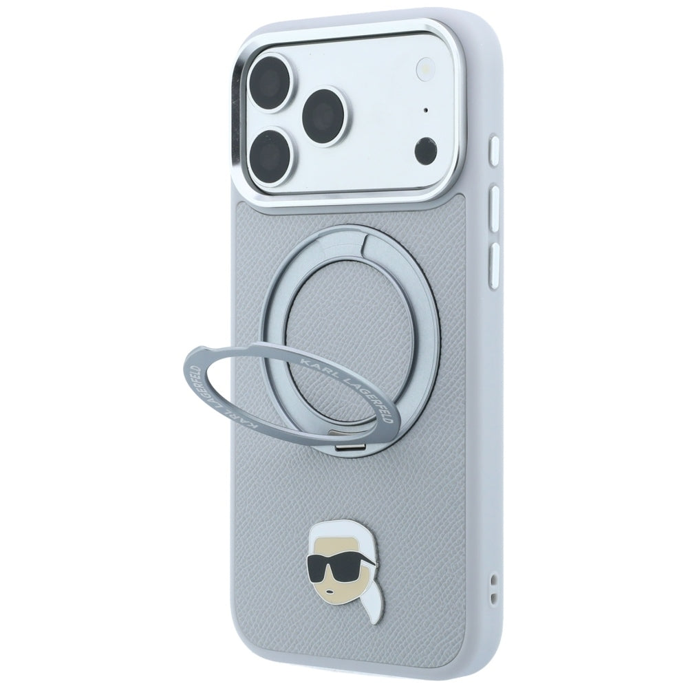 Handyhülle für iPhone 18 Pro Max / 17 Pro Max, Karl Lagerfeld Ring Stand 360 Karl Head Pin mit MagSafe, Grau