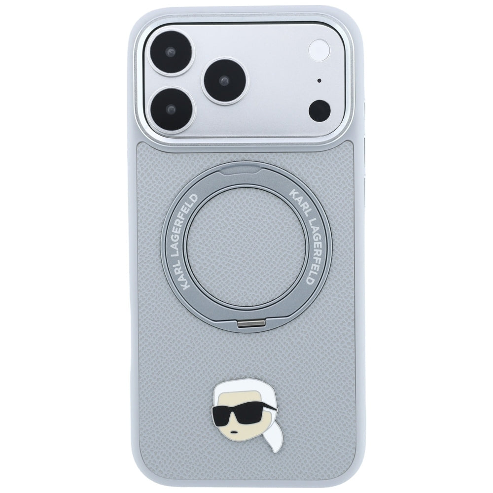 Handyhülle für iPhone 18 Pro Max / 17 Pro Max, Karl Lagerfeld Ring Stand 360 Karl Head Pin mit MagSafe, Grau