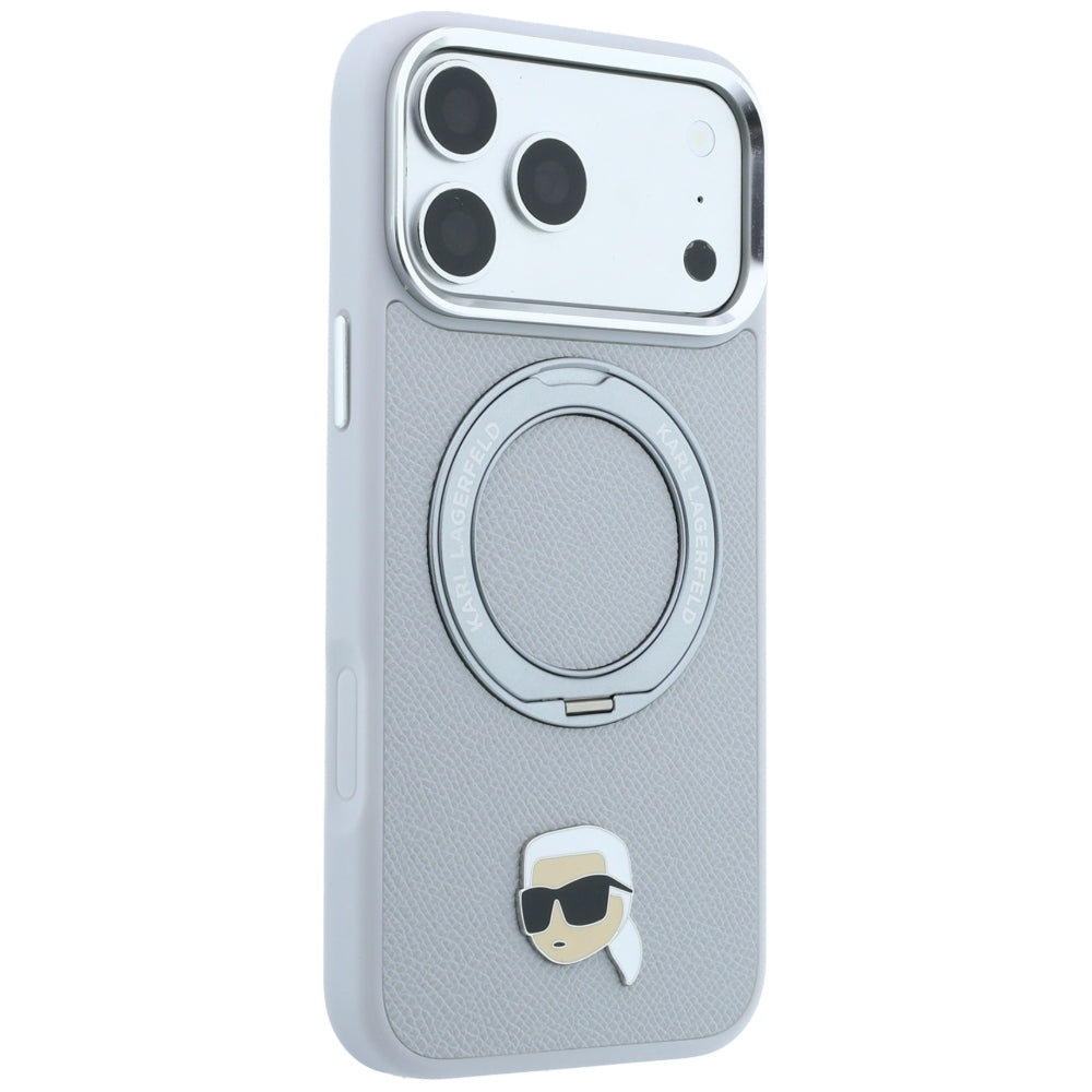 Handyhülle für iPhone 18 Pro Max / 17 Pro Max, Karl Lagerfeld Ring Stand 360 Karl Head Pin mit MagSafe, Grau