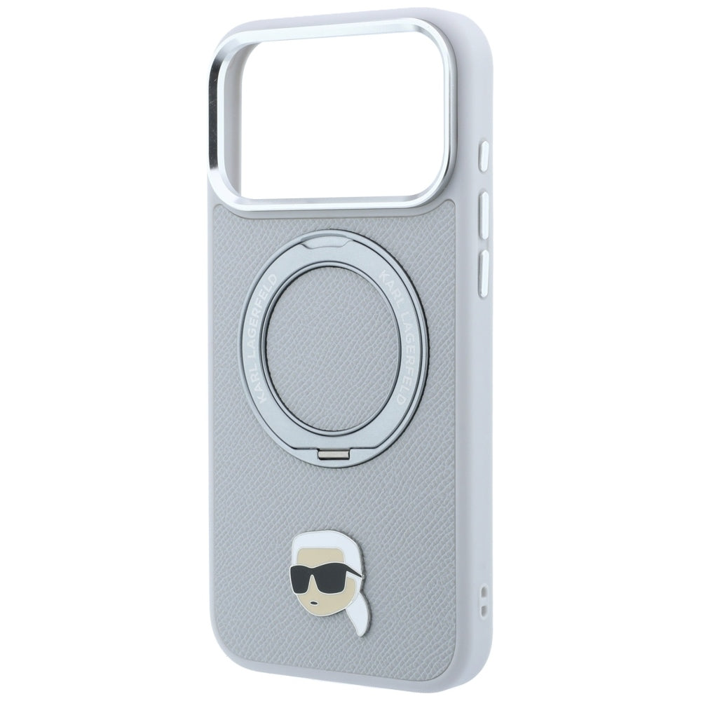Handyhülle für iPhone 18 Pro Max / 17 Pro Max, Karl Lagerfeld Ring Stand 360 Karl Head Pin mit MagSafe, Grau