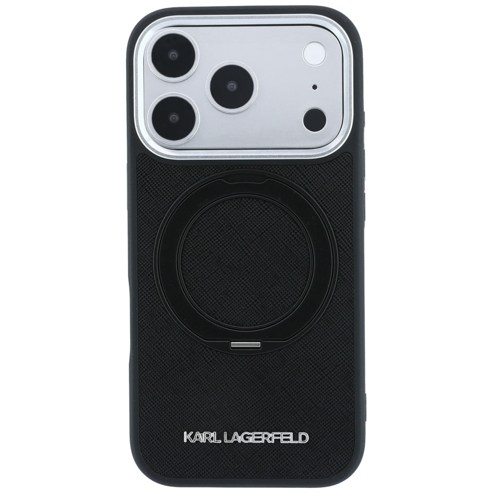 Handyhülle für iPhone 18 Pro / 17 Pro, Karl Lagerfeld Ring Stand 360 Saffiano Classic Logo mit MagSafe, Schwarz