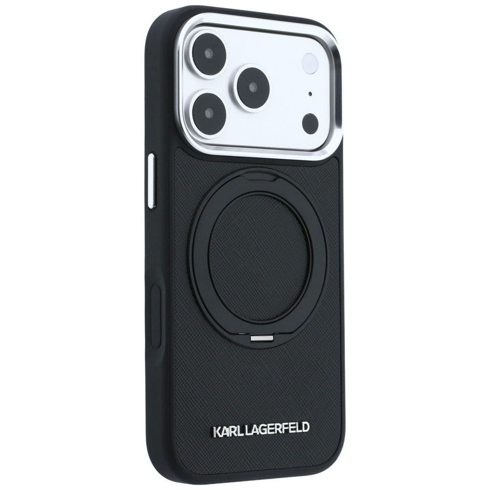 Handyhülle für iPhone 18 Pro / 17 Pro, Karl Lagerfeld Ring Stand 360 Saffiano Classic Logo mit MagSafe, Schwarz