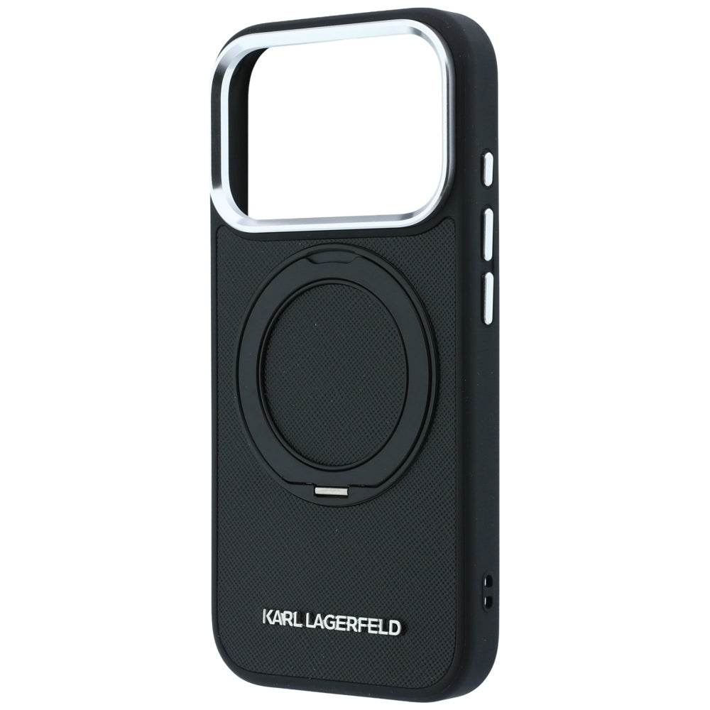 Handyhülle für iPhone 18 Pro / 17 Pro, Karl Lagerfeld Ring Stand 360 Saffiano Classic Logo mit MagSafe, Schwarz