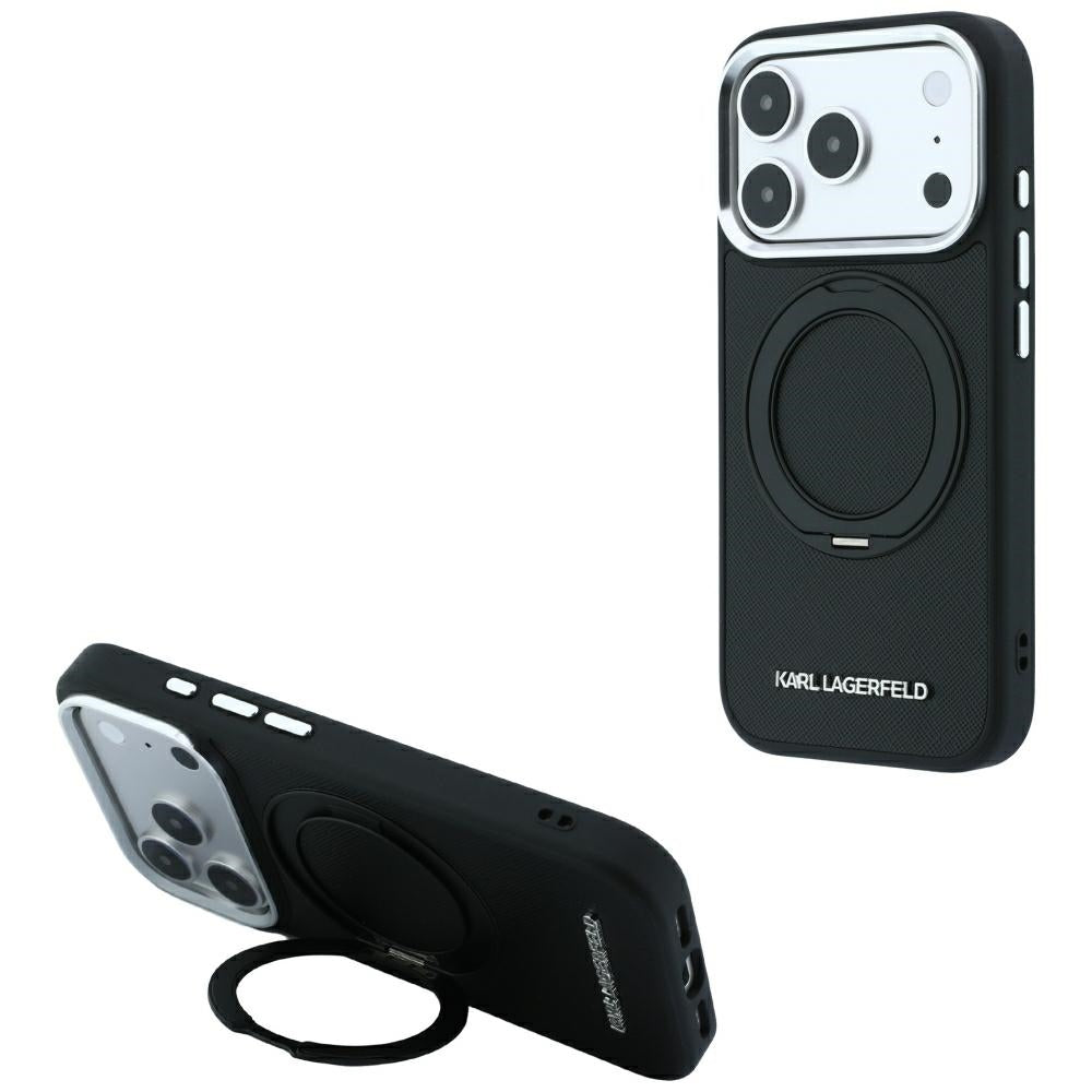 Handyhülle für iPhone 18 Pro Max / 17 Pro Max, Karl Lagerfeld Ring Stand 360 Saffiano Classic Logo mit MagSafe, Schwarz