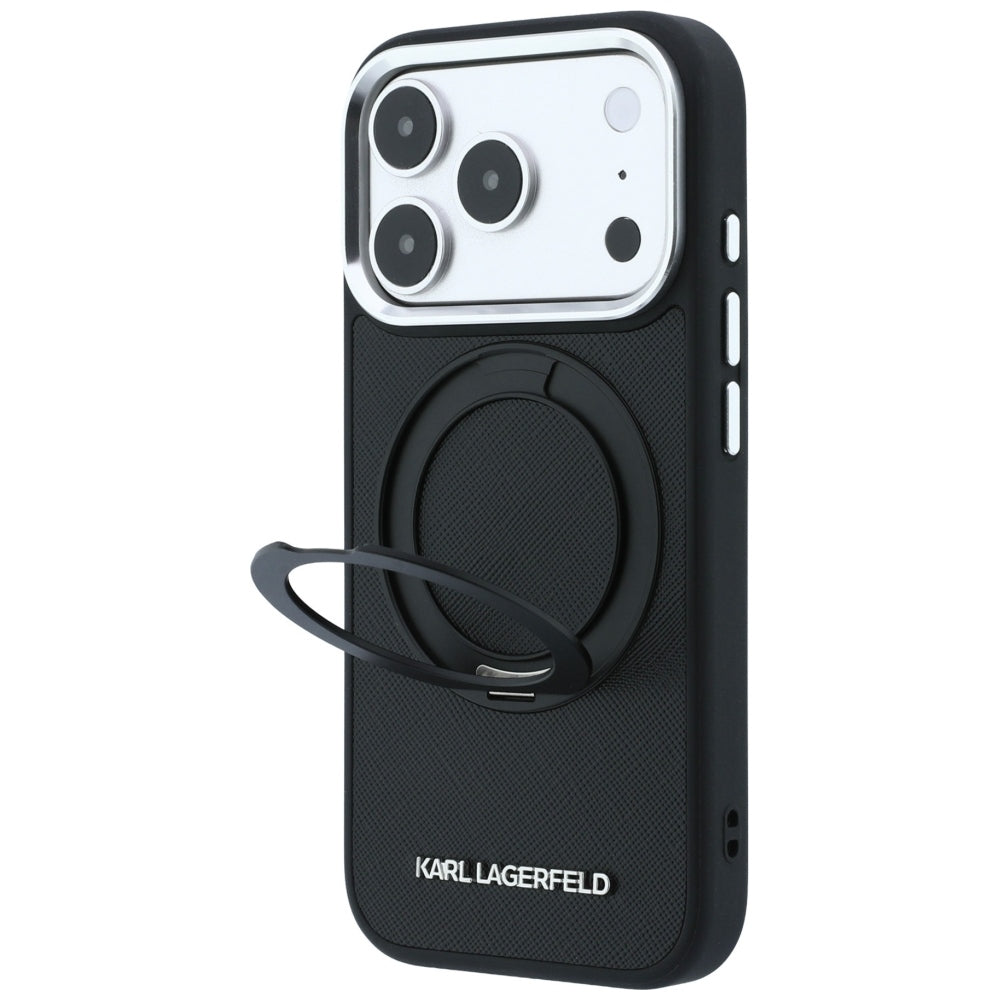 Handyhülle für iPhone 18 Pro Max / 17 Pro Max, Karl Lagerfeld Ring Stand 360 Saffiano Classic Logo mit MagSafe, Schwarz