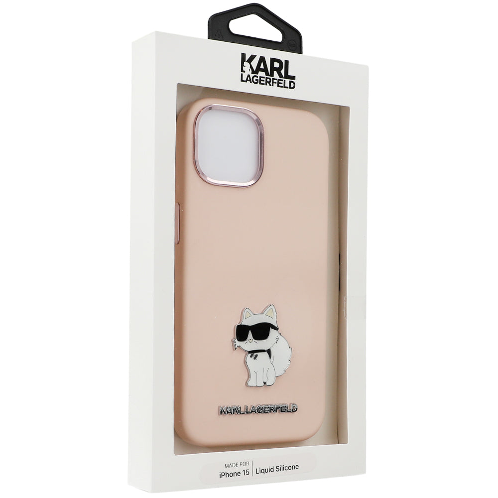 Schutzhülle Karl Lagerfeld Silicone Choupette Metal Pin für iPhone 15, Rosa