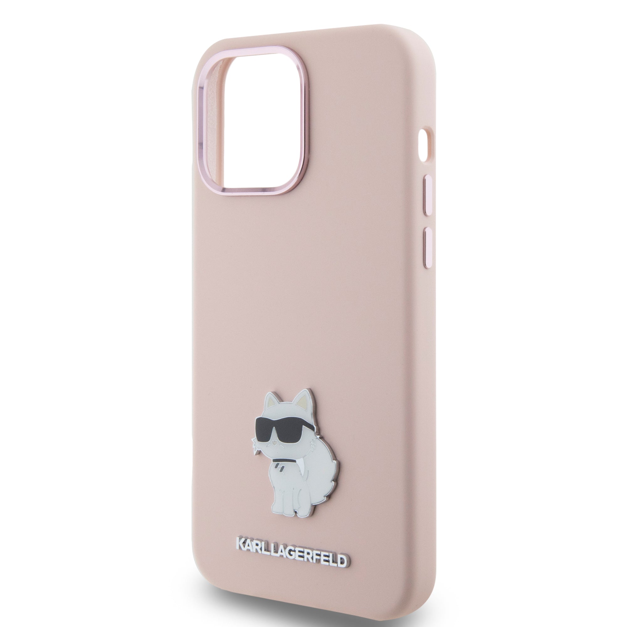 Schutzhülle Karl Lagerfeld Silicone Choupette Metal Pin für iPhone 15, Rosa