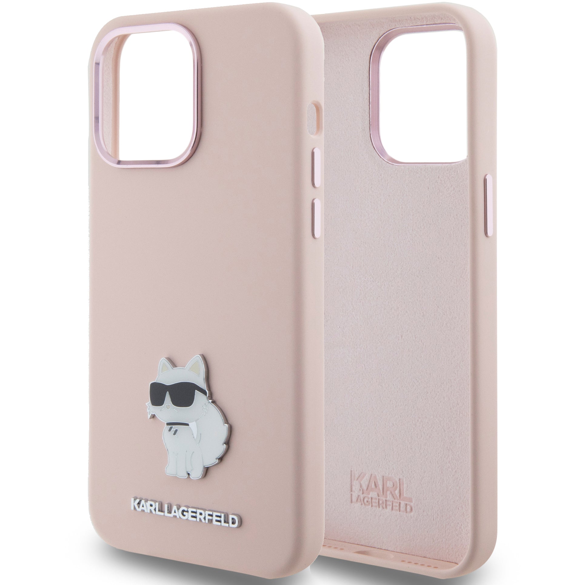 Schutzhülle Karl Lagerfeld Silicone Choupette Metal Pin für iPhone 15, Rosa