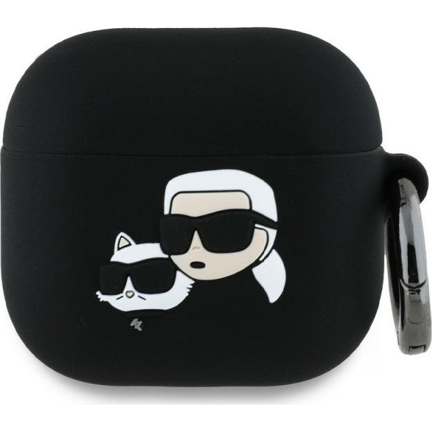 Schutzhülle für AirPods 4, Karl Lagerfeld Silicone Karl and Choupette Head 3D Case, Schwarz