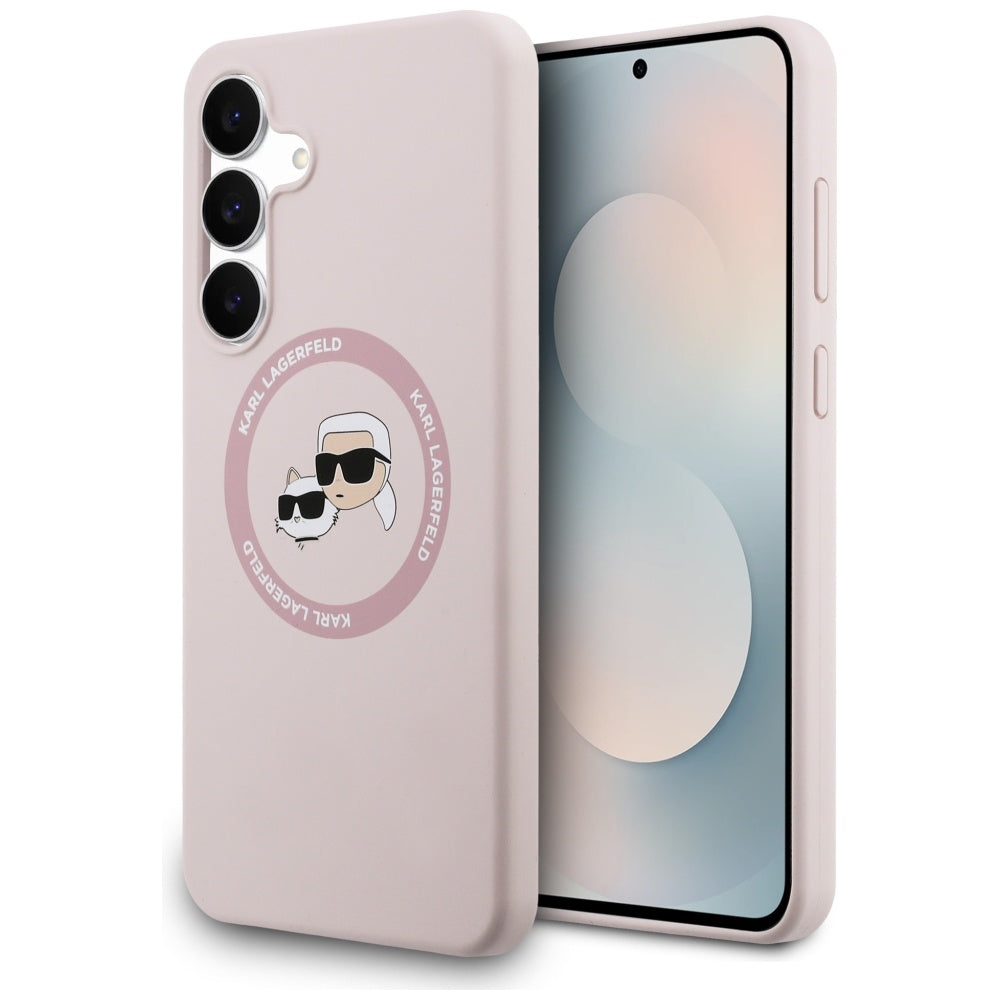 Handyhülle für Galaxy S25 FE, Karl Lagerfeld Hard Case Silicone Karl & Choupette Heads Ring MagSafe, Rosa