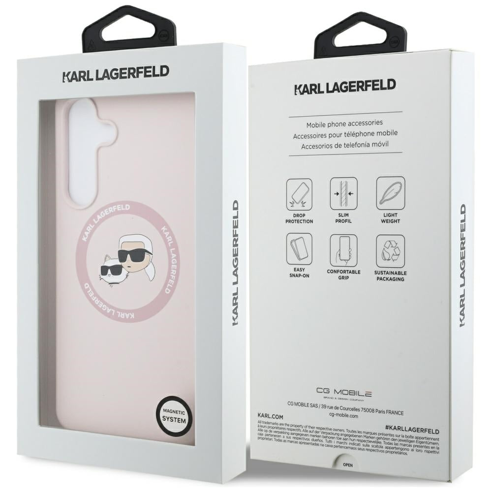 Handyhülle für Galaxy S25 FE, Karl Lagerfeld Hard Case Silicone Karl & Choupette Heads Ring MagSafe, Rosa