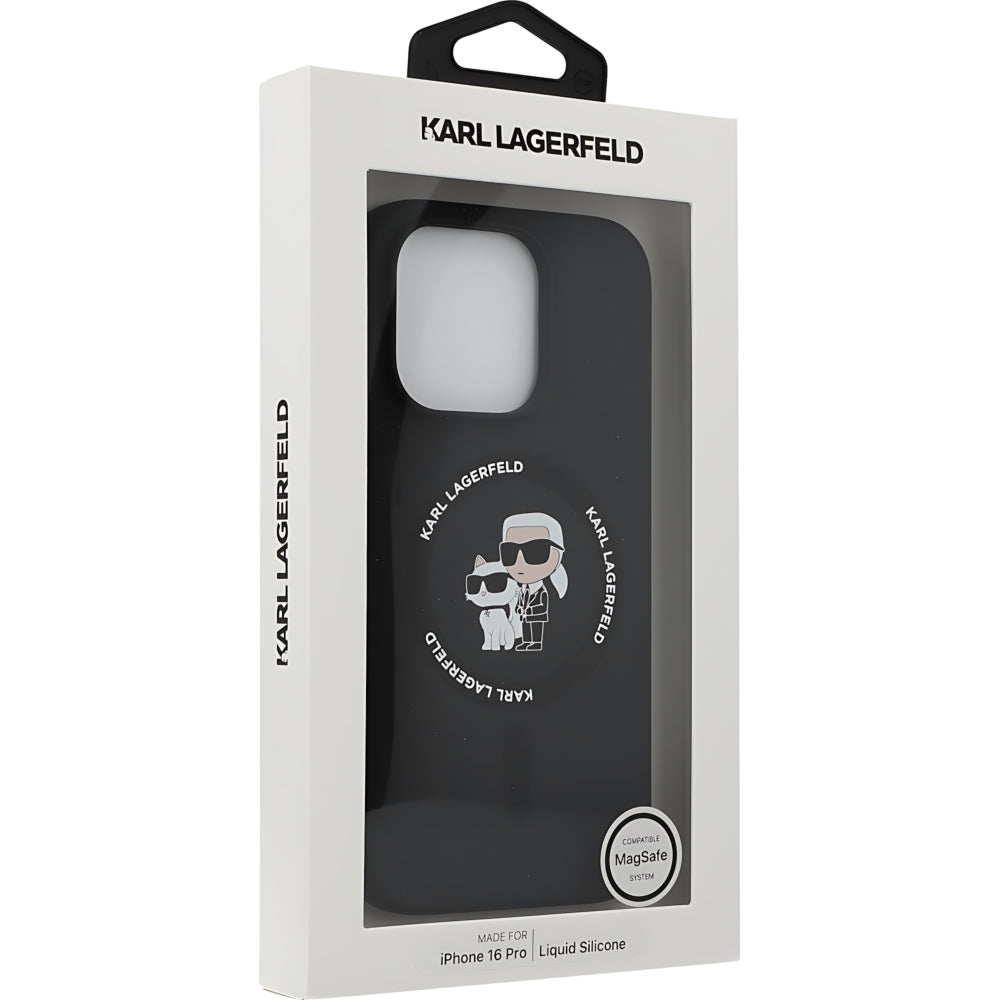 Schutzhülle Karl Lagerfeld Hard Case Silicone Karl & Choupette Heads Ring MagSafe für iPhone 16 Pro, Schwarz