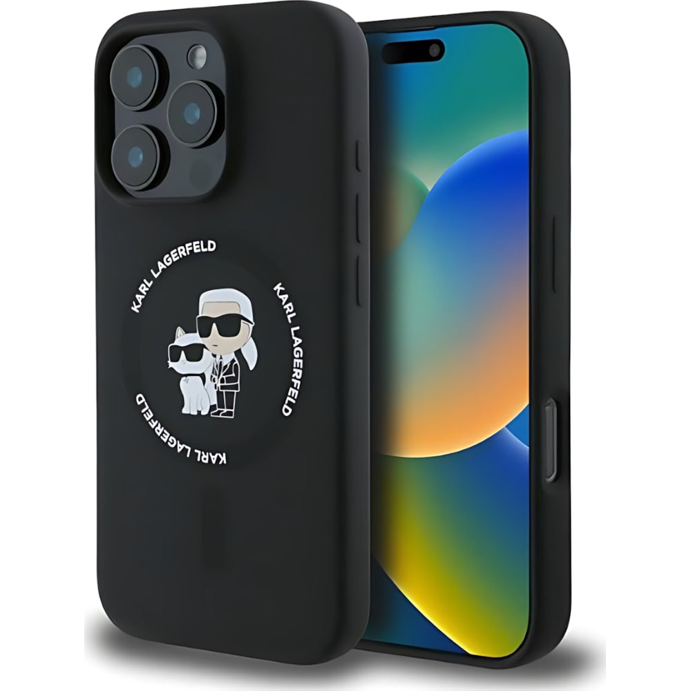 Schutzhülle Karl Lagerfeld Hard Case Silicone Karl & Choupette Heads Ring MagSafe für iPhone 16 Pro, Schwarz