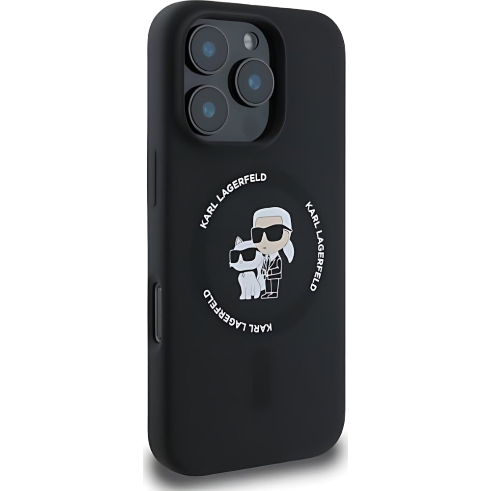 Schutzhülle Karl Lagerfeld Hard Case Silicone Karl & Choupette Heads Ring MagSafe für iPhone 16 Pro, Schwarz