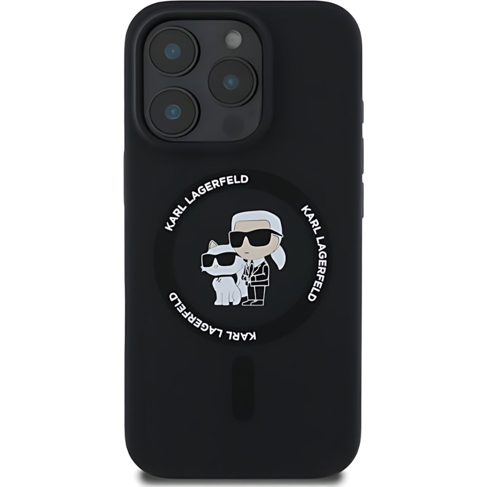 Schutzhülle Karl Lagerfeld Hard Case Silicone Karl & Choupette Heads Ring MagSafe für iPhone 16 Pro, Schwarz