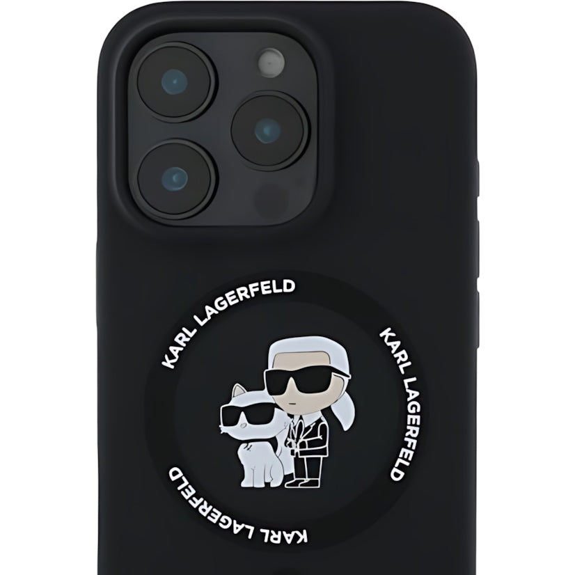 Schutzhülle Karl Lagerfeld Hard Case Silicone Karl & Choupette Heads Ring MagSafe für iPhone 16 Pro, Schwarz