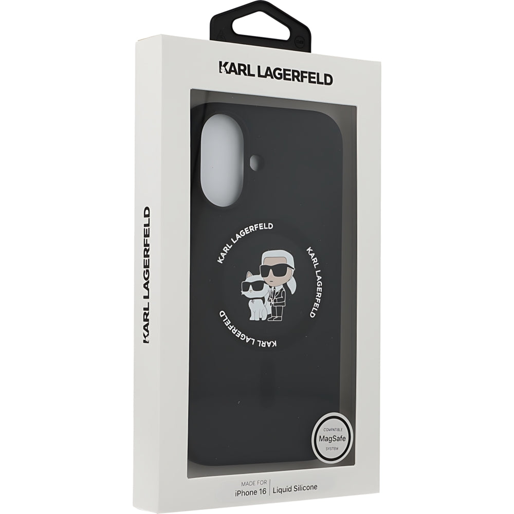 Schutzhülle Karl Lagerfeld Hard Case Silicone Karl & Choupette Heads Ring MagSafe für iPhone 16, Schwarz