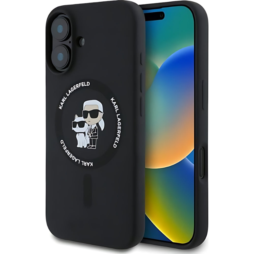 Schutzhülle Karl Lagerfeld Hard Case Silicone Karl & Choupette Heads Ring MagSafe für iPhone 16, Schwarz