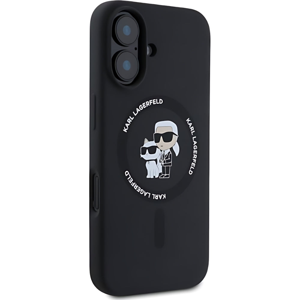 Schutzhülle Karl Lagerfeld Hard Case Silicone Karl & Choupette Heads Ring MagSafe für iPhone 16, Schwarz