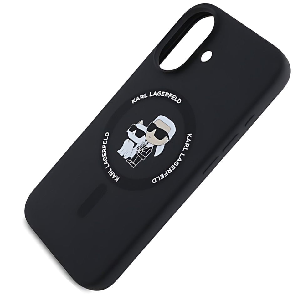 Schutzhülle Karl Lagerfeld Hard Case Silicone Karl & Choupette Heads Ring MagSafe für iPhone 16, Schwarz