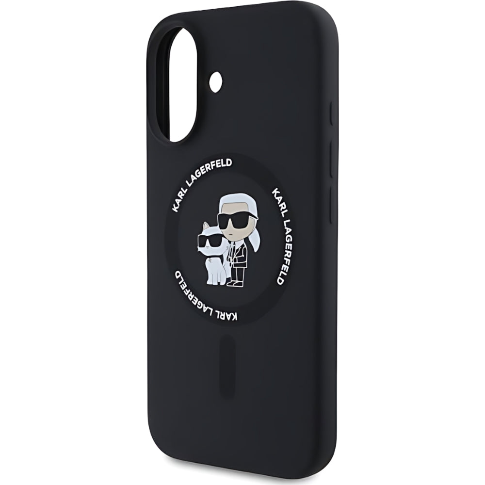 Schutzhülle Karl Lagerfeld Hard Case Silicone Karl & Choupette Heads Ring MagSafe für iPhone 16, Schwarz