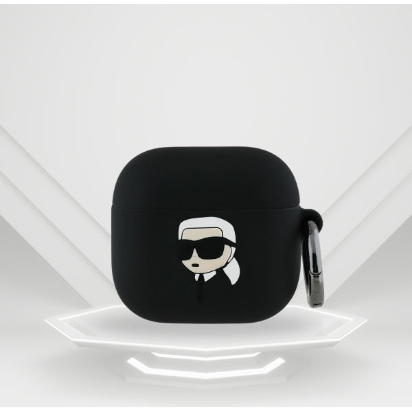 Schutzhülle für AirPods 4, Karl Lagerfeld Silicone Karl Head 3D Case, Schwarz