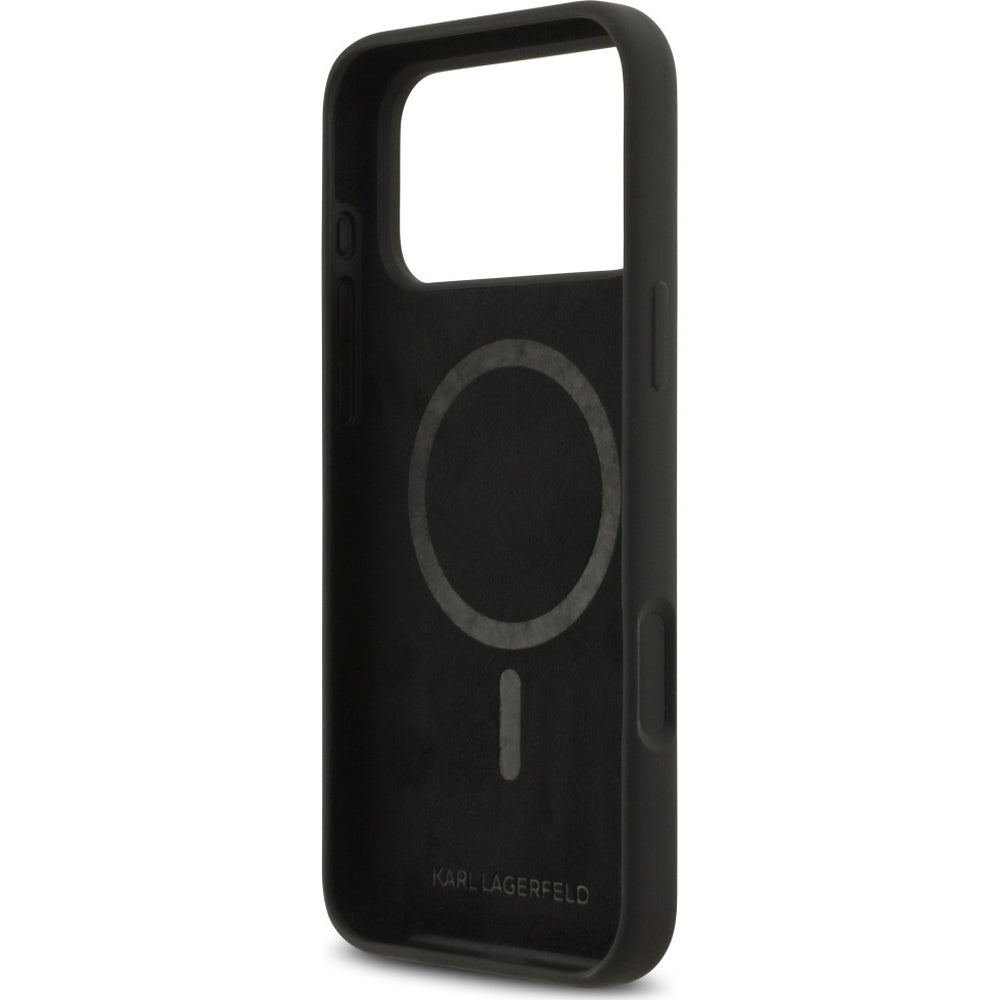 Handyhülle für iPhone 17 Pro Max, Karl Lagerfeld Silicone KL Sketch Logo mit MagSafe, Schwarz