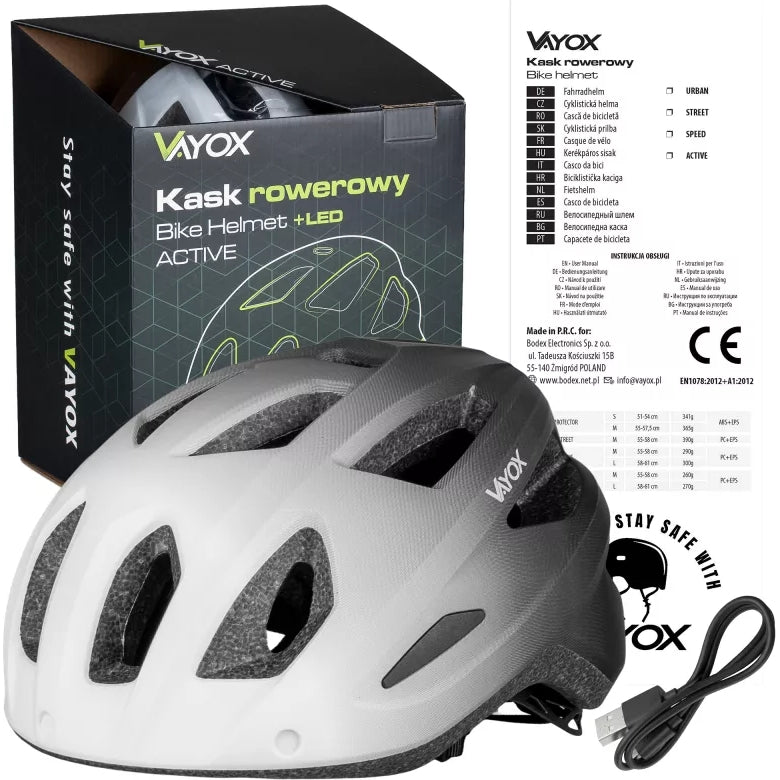 Fahrradhelm, Vayox Active + LED VA0424WBM, 55-58 cm, Größe M, Weiß-Schwarz